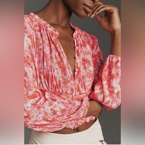 Anthropologie Long Sleeve spring Ruched Red White Crop Top coquette girl M